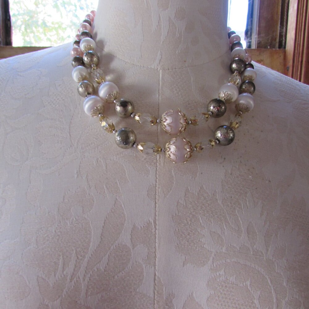 Vintage Double Strand Choker Necklace Pink & Silvery Gray Japan - Picture 2 of 7